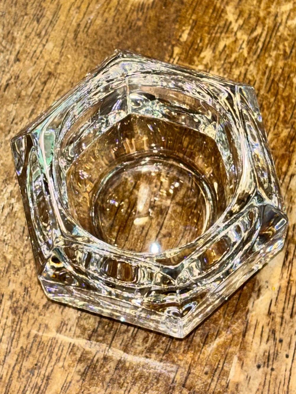 Vintage Heavy Crystal Glass Hexagon Votive Tealight Candle Holder Geometric